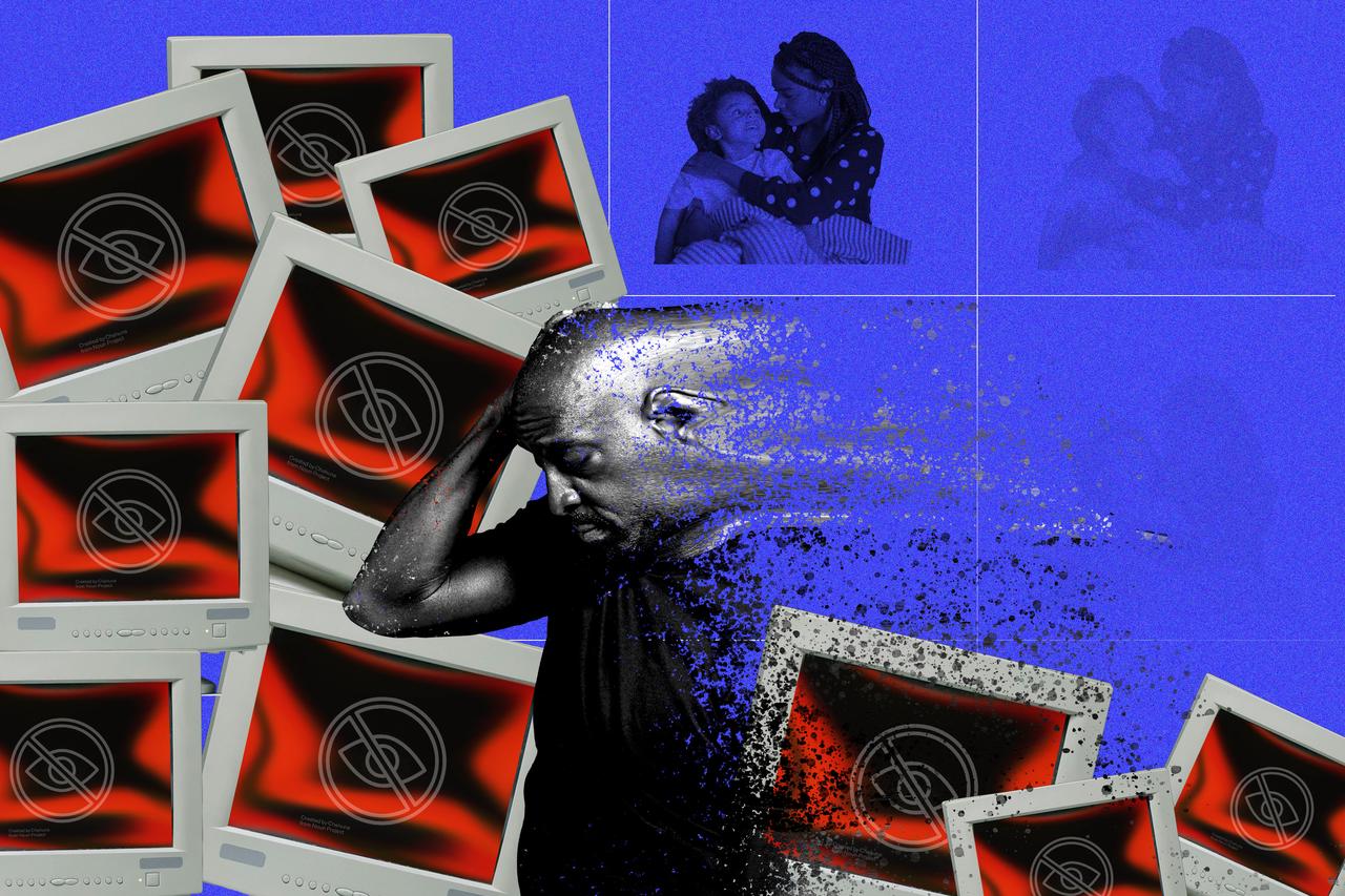 A man showing mental distress from constant exposure to harmful content online. His family, in the background, progressively disappears.